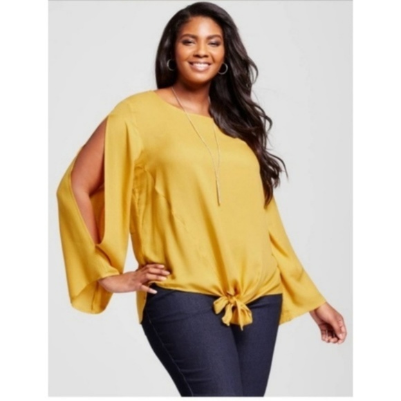Ava & Viv Tops - 3/$30 Ava &Viv Mustard split sleeve Tie Waist